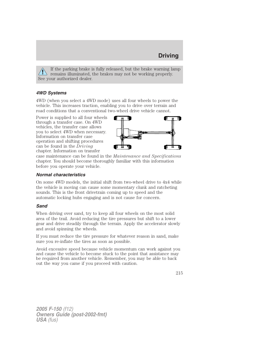 4wd systems, Normal characteristics, Sand | Driving | FORD 2005 F-150 User Manual | Page 215 / 312