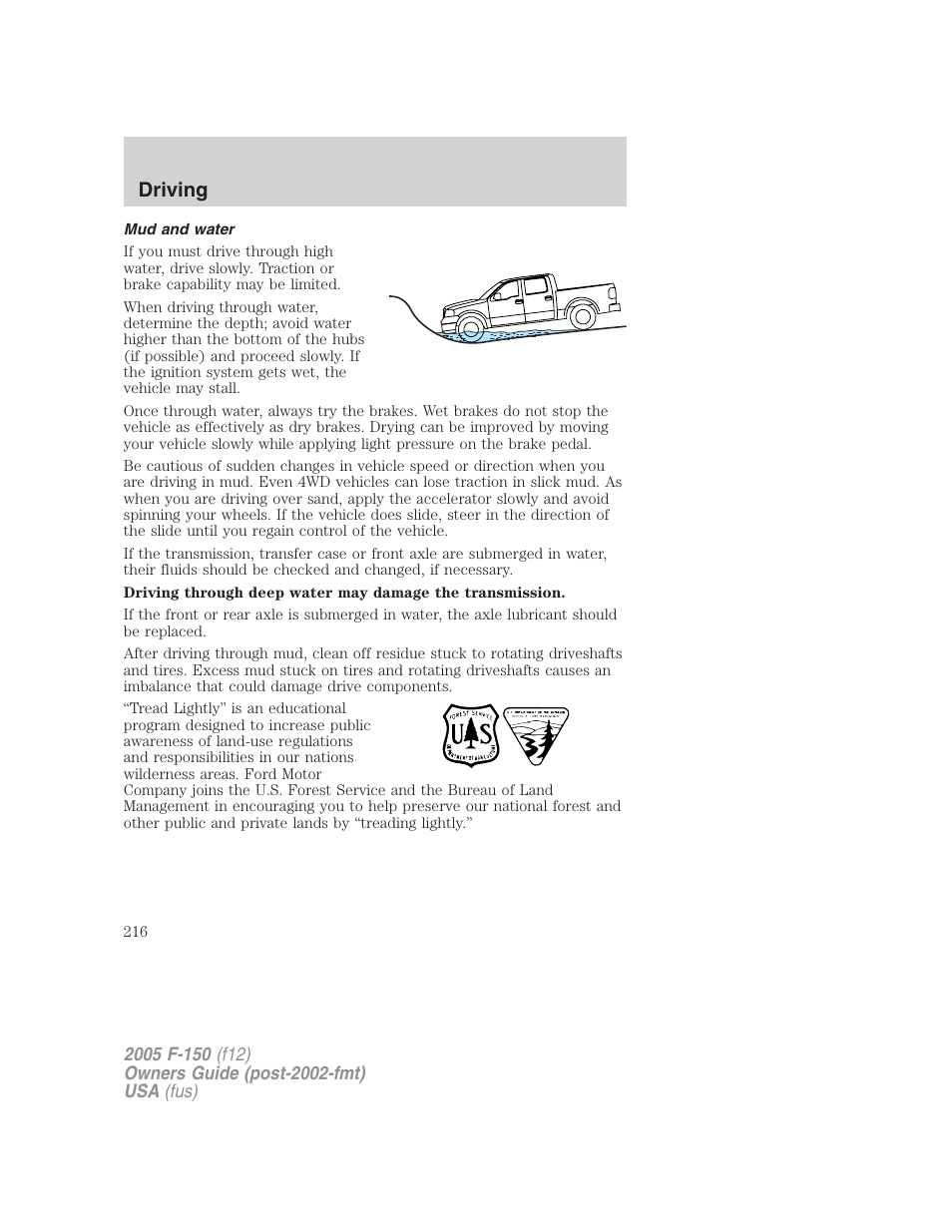 Mud and water, Driving | FORD 2005 F-150 User Manual | Page 216 / 312