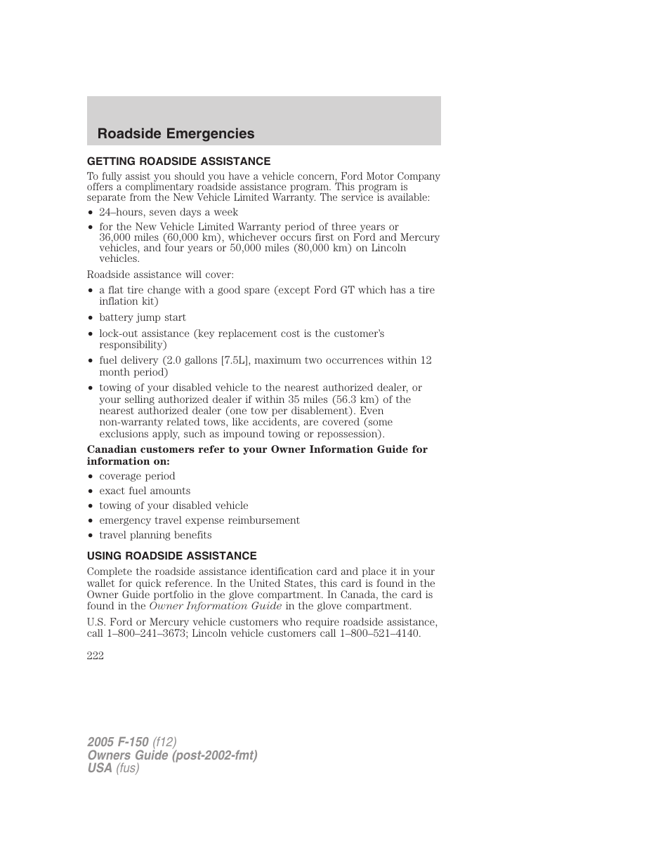 Roadside emergencies, Getting roadside assistance, Using roadside assistance | FORD 2005 F-150 User Manual | Page 222 / 312