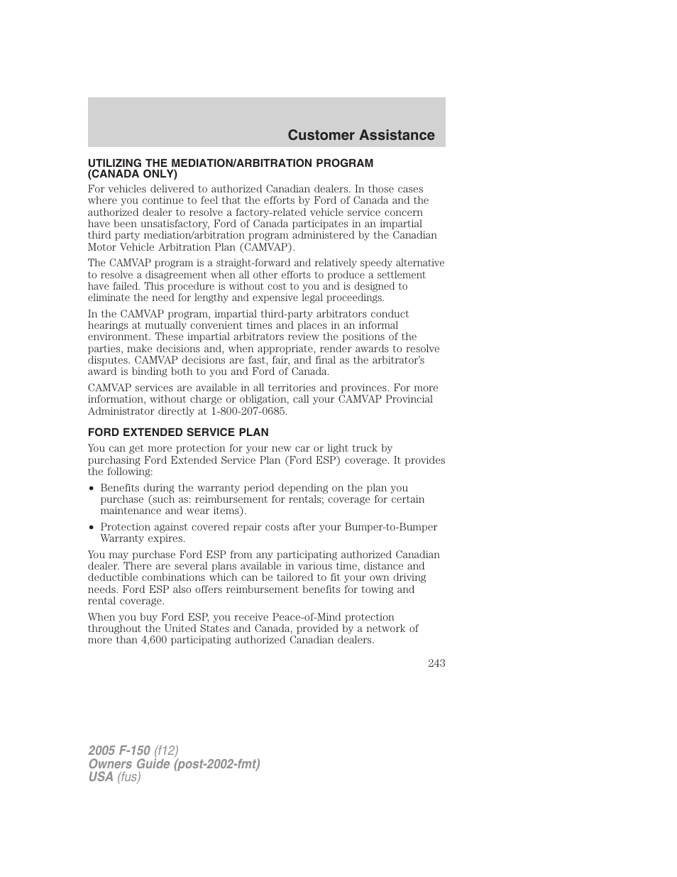 Ford extended service plan, Customer assistance | FORD 2005 F-150 User Manual | Page 243 / 312