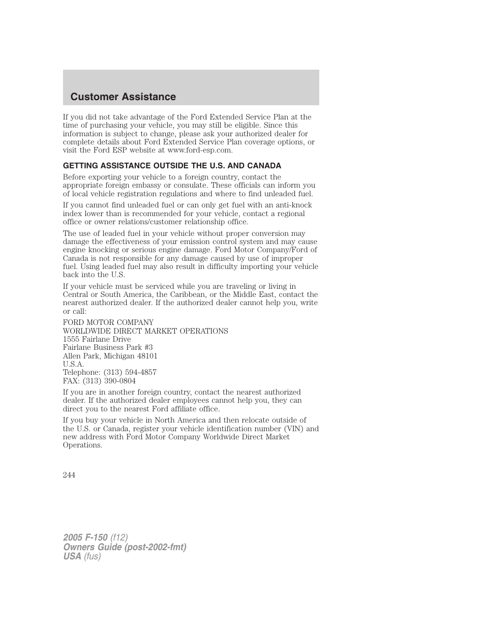 Getting assistance outside the u.s. and canada, Customer assistance | FORD 2005 F-150 User Manual | Page 244 / 312