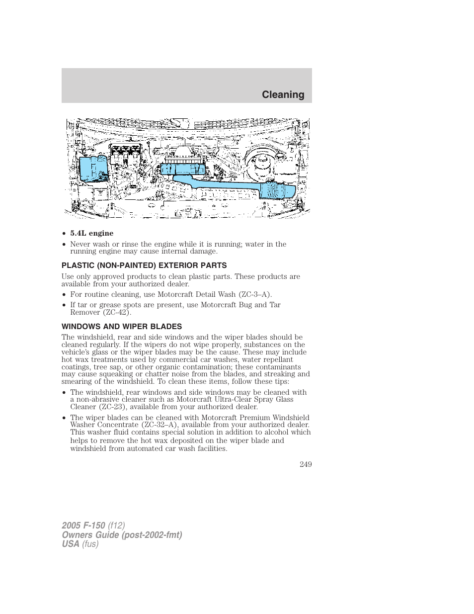 Plastic (non-painted) exterior parts, Windows and wiper blades, Cleaning | FORD 2005 F-150 User Manual | Page 249 / 312