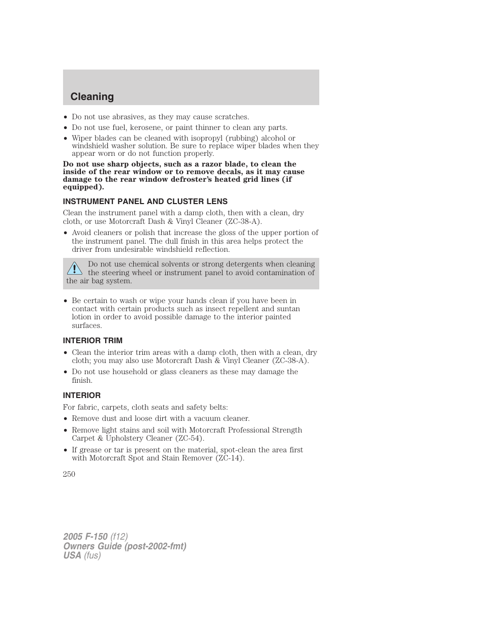 Instrument panel and cluster lens, Interior trim, Interior | Cleaning | FORD 2005 F-150 User Manual | Page 250 / 312