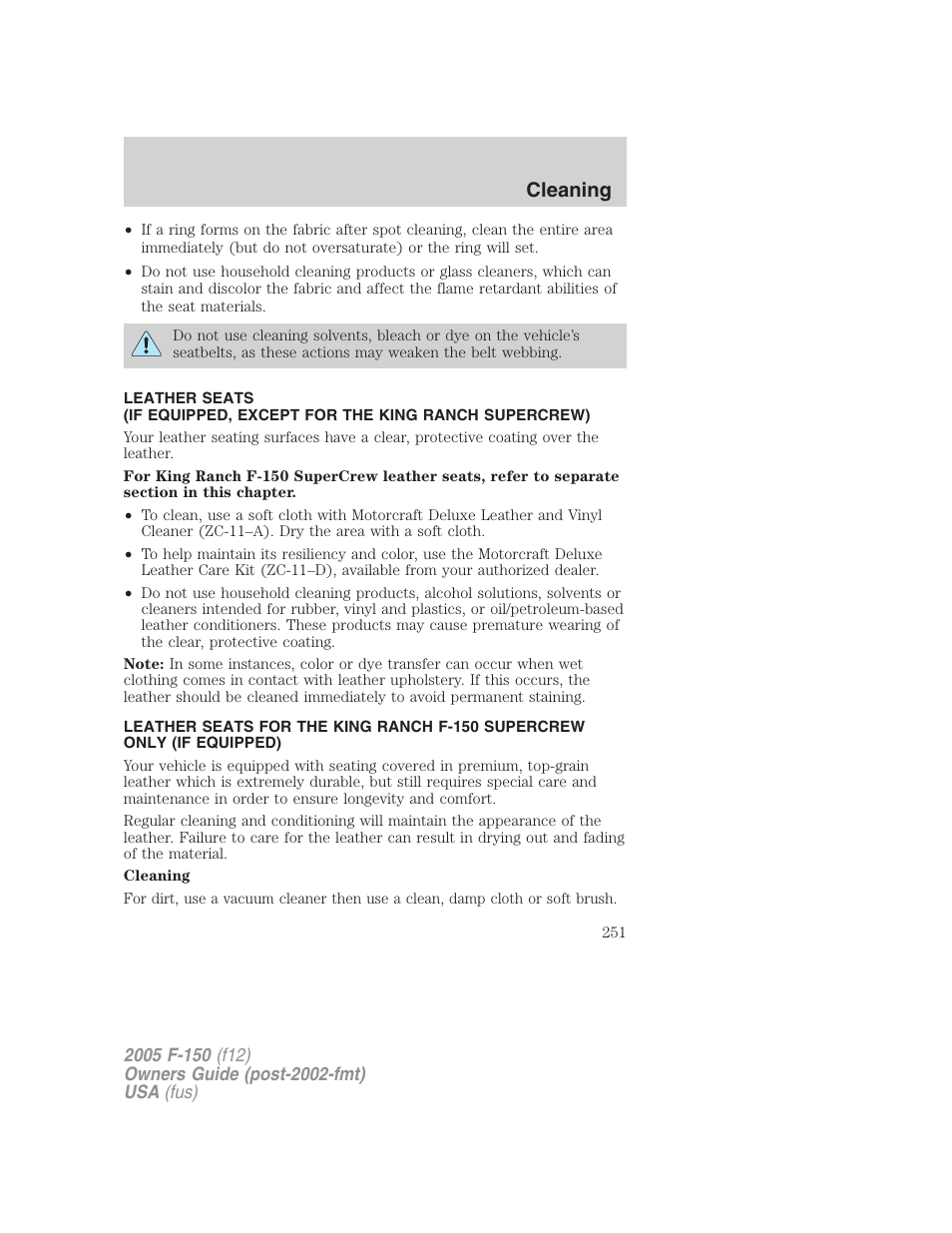 Cleaning | FORD 2005 F-150 User Manual | Page 251 / 312
