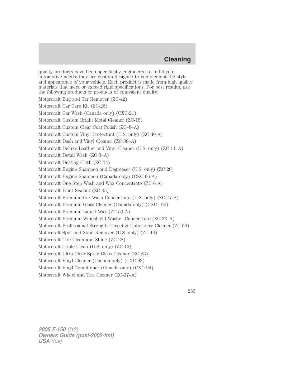 Cleaning | FORD 2005 F-150 User Manual | Page 253 / 312