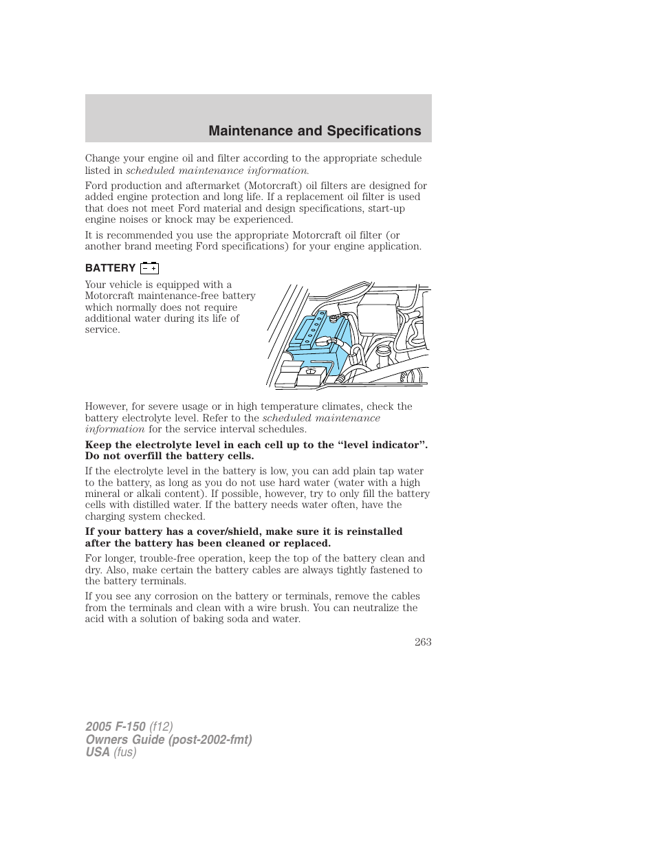 Battery, Maintenance and specifications | FORD 2005 F-150 User Manual | Page 263 / 312