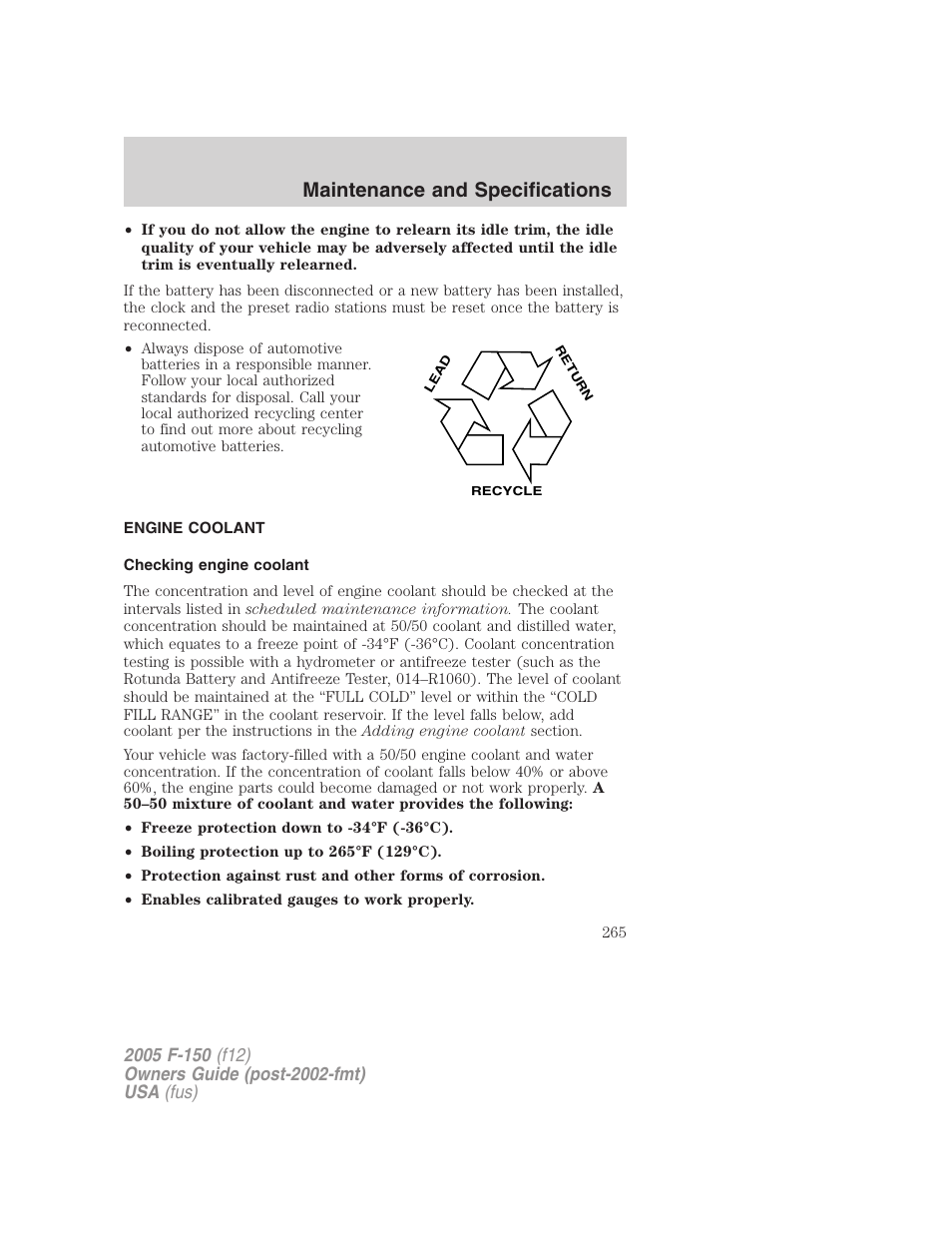 Engine coolant, Checking engine coolant, Maintenance and specifications | FORD 2005 F-150 User Manual | Page 265 / 312