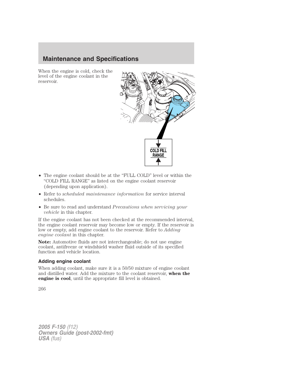 Adding engine coolant, Maintenance and specifications | FORD 2005 F-150 User Manual | Page 266 / 312