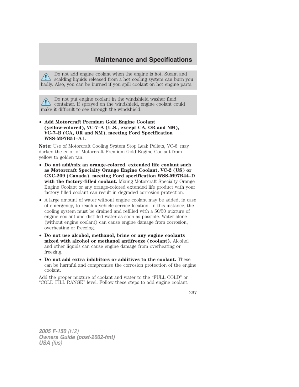Maintenance and specifications | FORD 2005 F-150 User Manual | Page 267 / 312