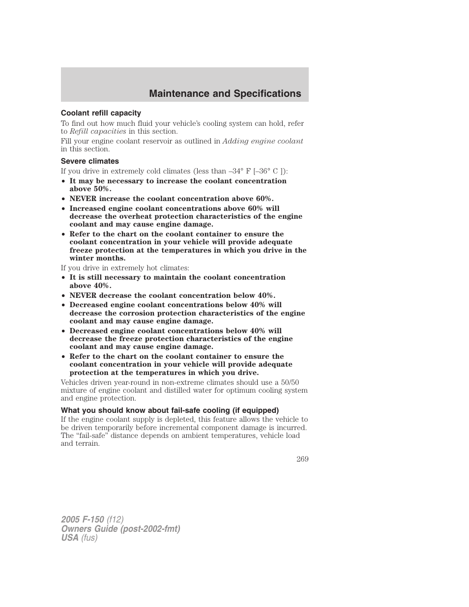 Coolant refill capacity, Severe climates, Maintenance and specifications | FORD 2005 F-150 User Manual | Page 269 / 312