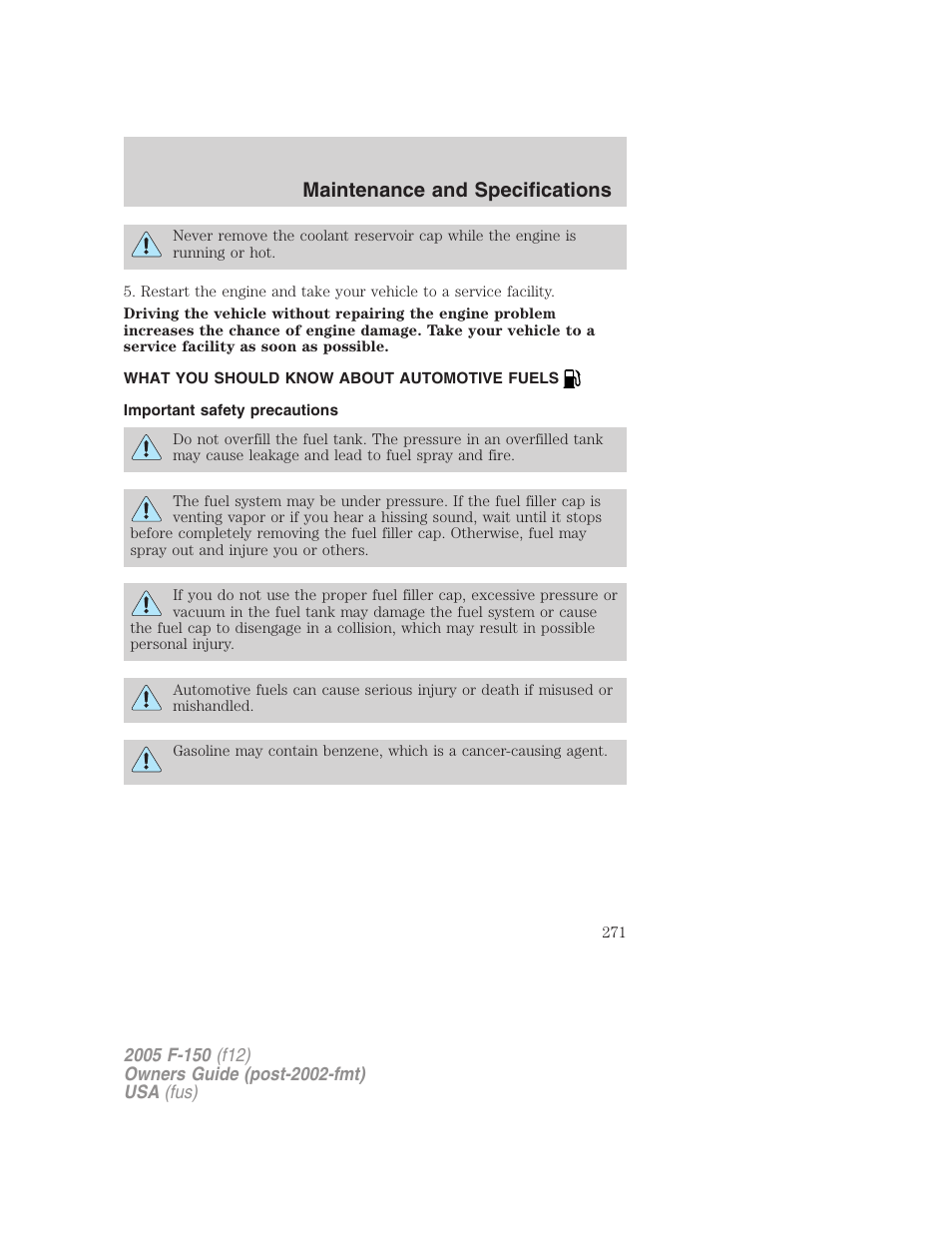 What you should know about automotive fuels, Important safety precautions, Fuel information | Maintenance and specifications | FORD 2005 F-150 User Manual | Page 271 / 312