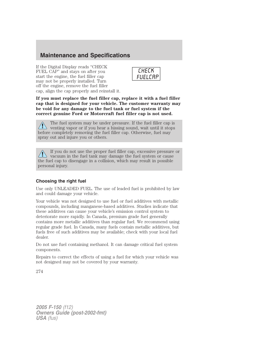 Choosing the right fuel, Maintenance and specifications | FORD 2005 F-150 User Manual | Page 274 / 312