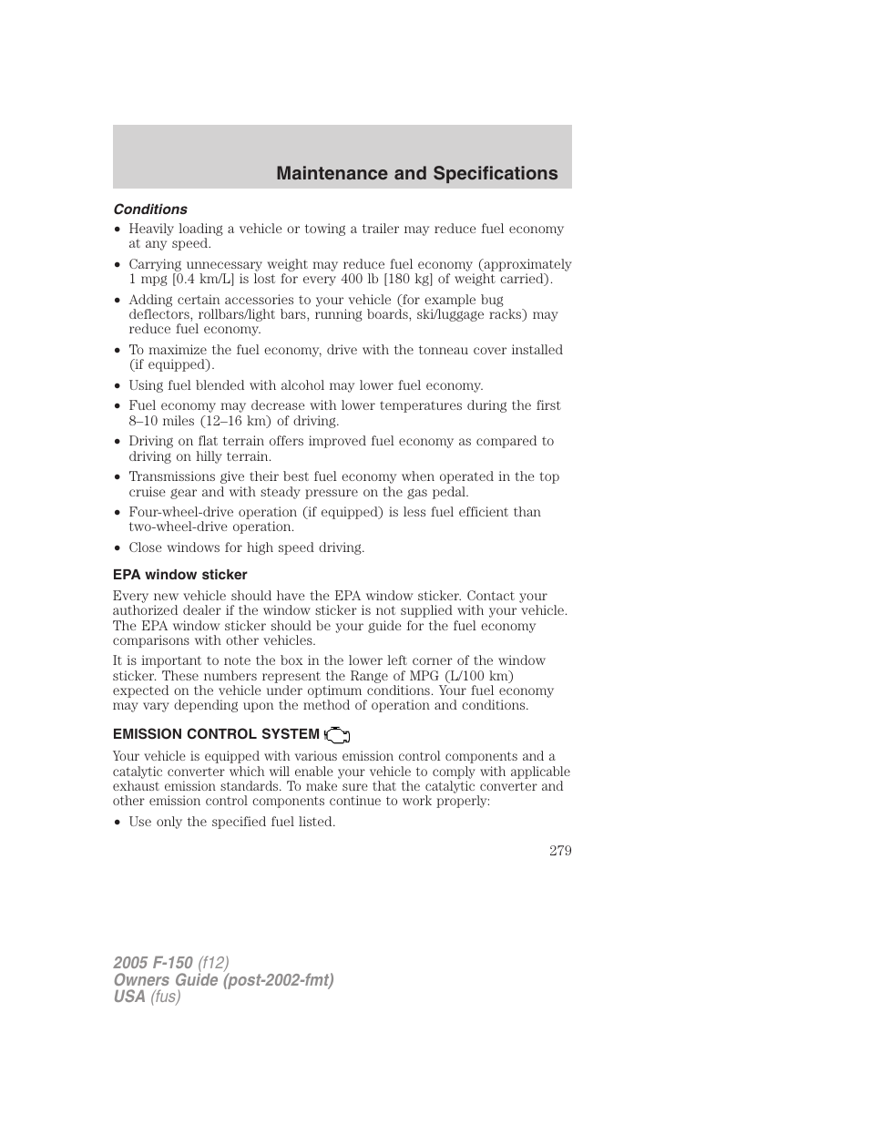 Conditions, Epa window sticker, Emission control system | Maintenance and specifications | FORD 2005 F-150 User Manual | Page 279 / 312