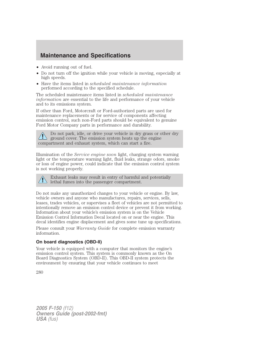 On board diagnostics (obd-ii), Maintenance and specifications | FORD 2005 F-150 User Manual | Page 280 / 312