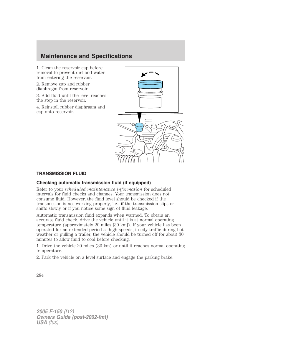 Transmission fluid, Maintenance and specifications | FORD 2005 F-150 User Manual | Page 284 / 312