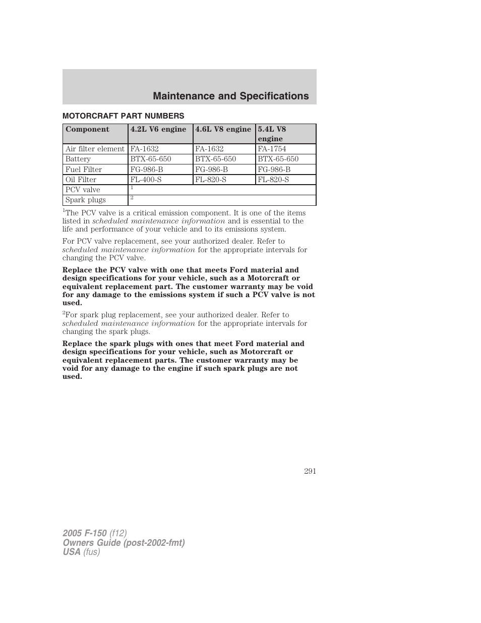 Motorcraft part numbers, Part numbers, Maintenance and specifications | FORD 2005 F-150 User Manual | Page 291 / 312