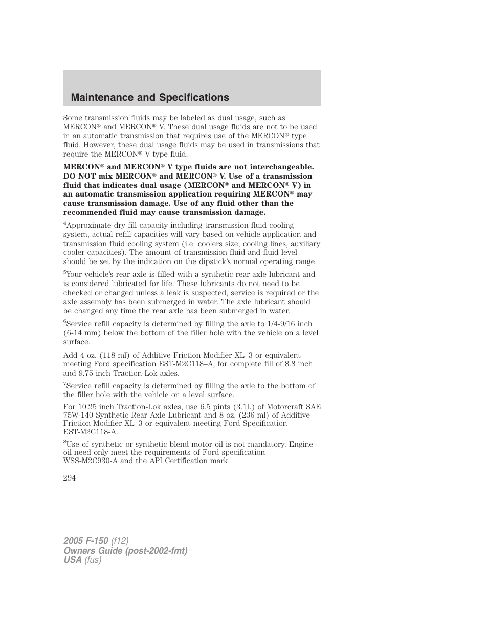 Maintenance and specifications | FORD 2005 F-150 User Manual | Page 294 / 312