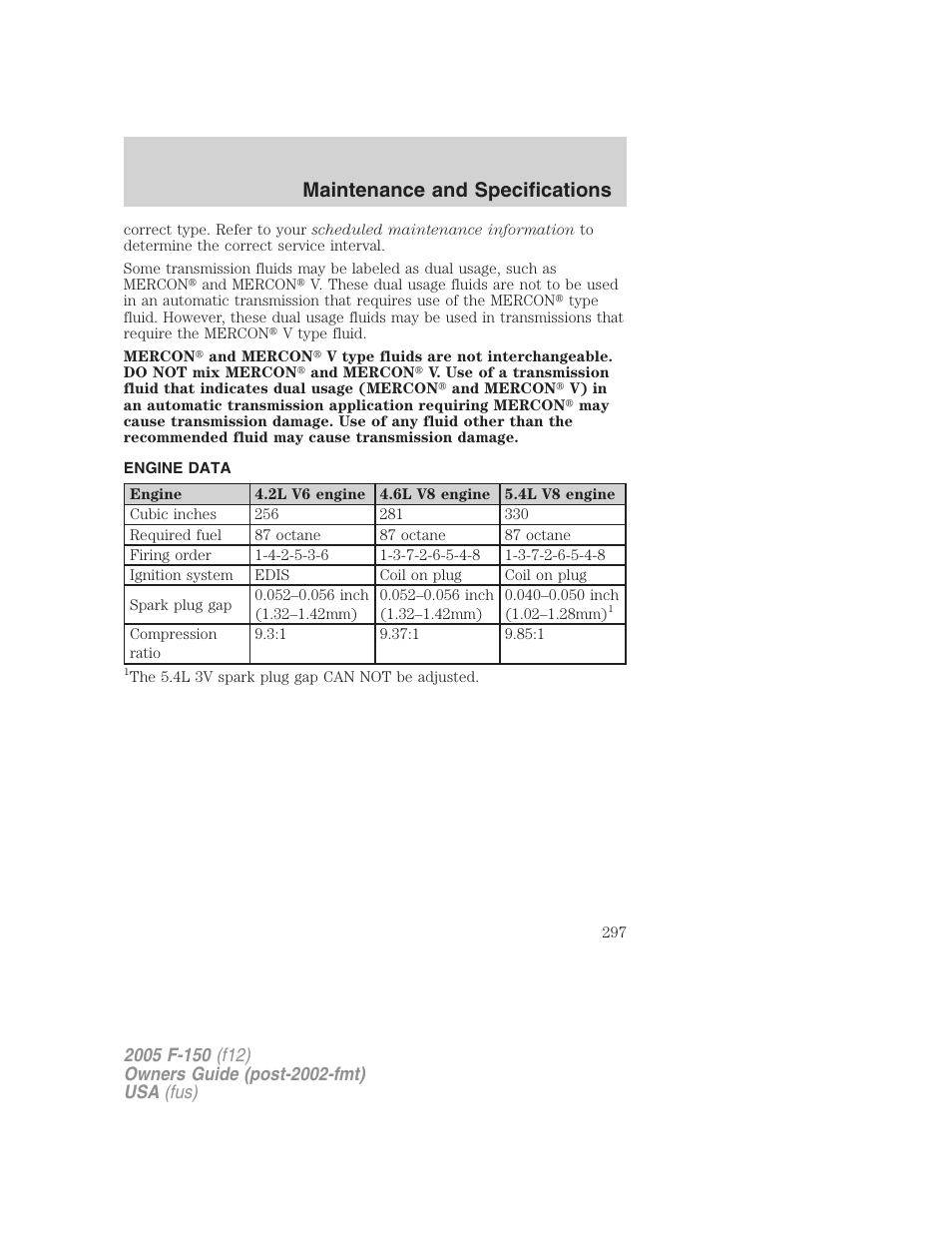 Engine data, Maintenance and specifications | FORD 2005 F-150 User Manual | Page 297 / 312