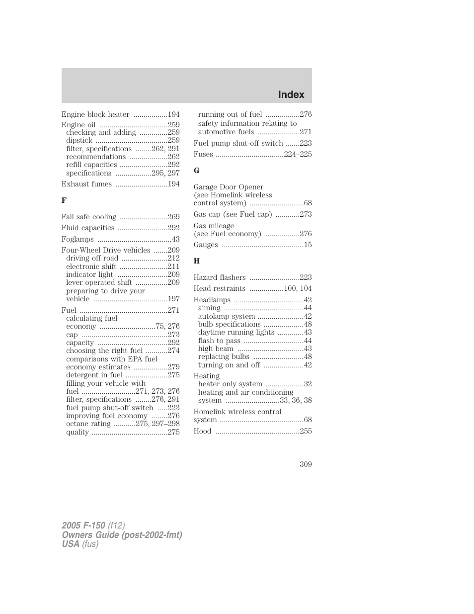 Index | FORD 2005 F-150 User Manual | Page 309 / 312