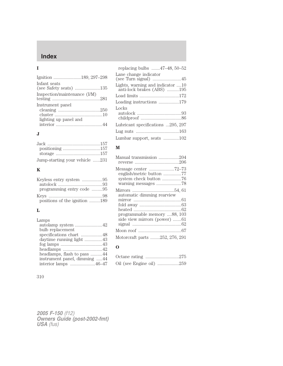 Index | FORD 2005 F-150 User Manual | Page 310 / 312