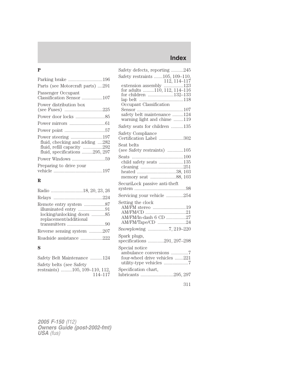 Index | FORD 2005 F-150 User Manual | Page 311 / 312