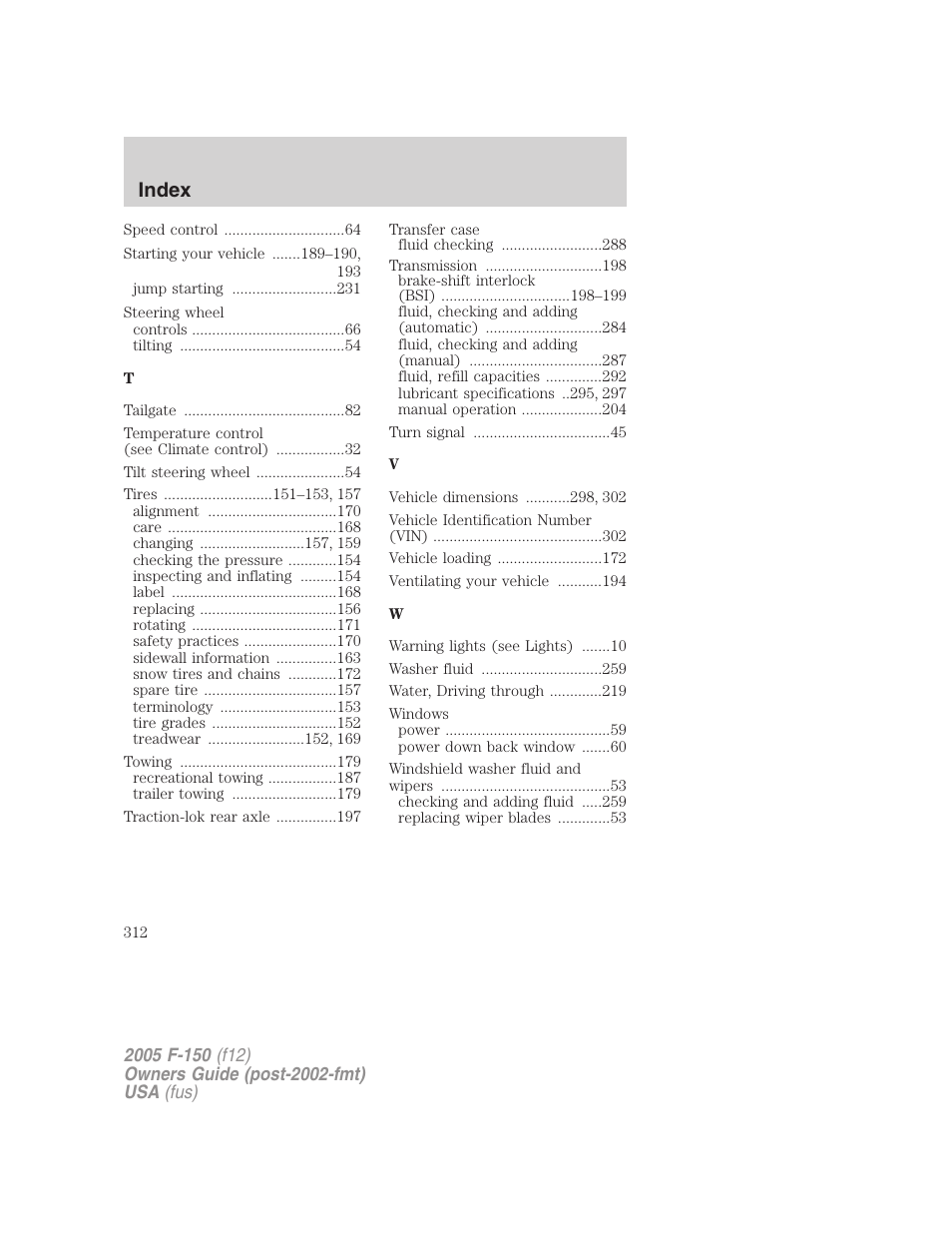 Index | FORD 2005 F-150 User Manual | Page 312 / 312