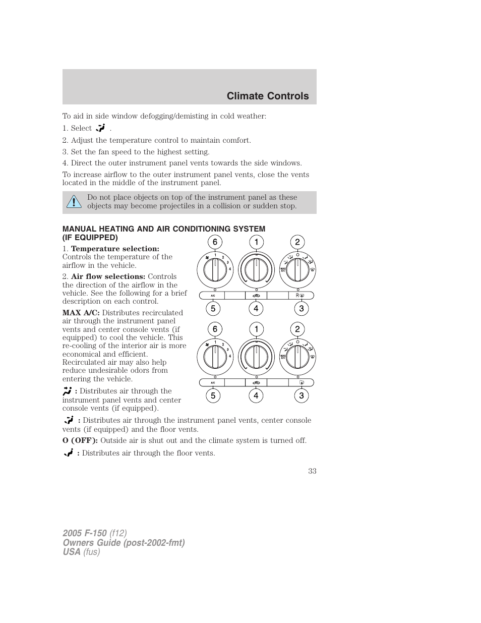 Manual heating and air conditioning, Climate controls | FORD 2005 F-150 User Manual | Page 33 / 312