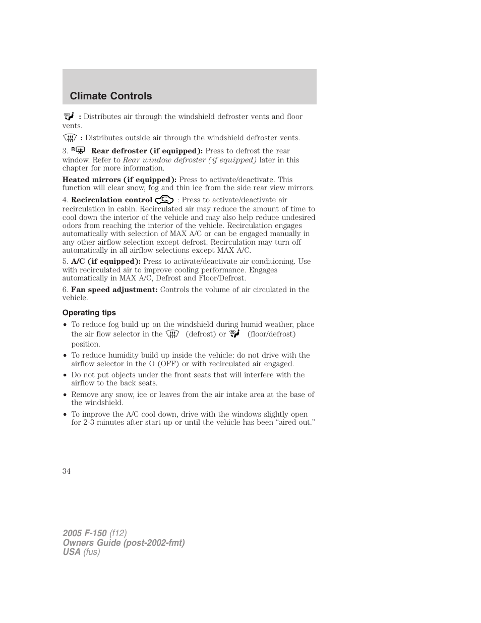 Operating tips, Climate controls | FORD 2005 F-150 User Manual | Page 34 / 312