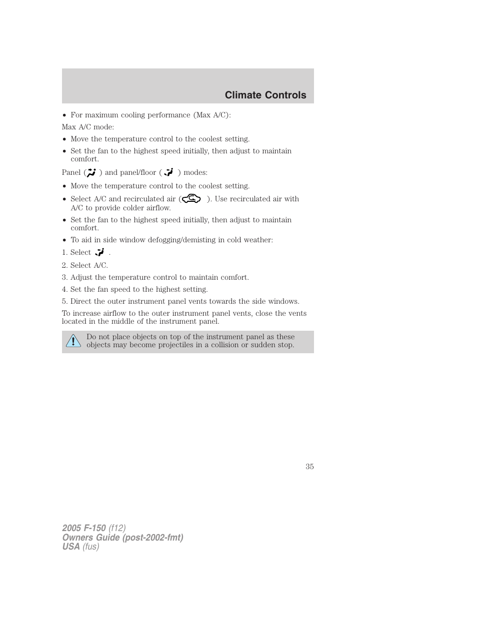Climate controls | FORD 2005 F-150 User Manual | Page 35 / 312