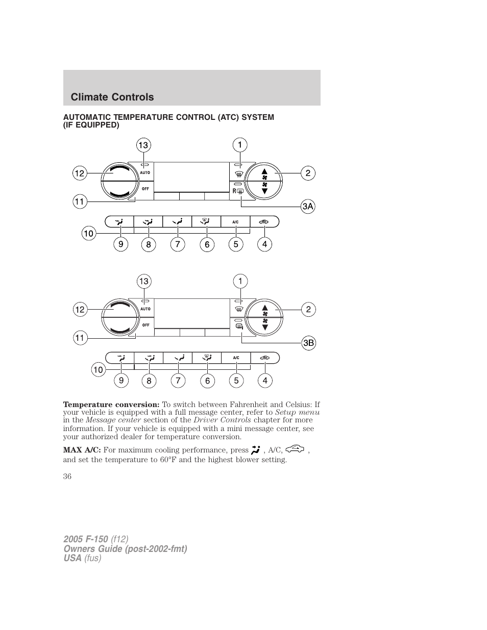 Automatic temperature control, Climate controls | FORD 2005 F-150 User Manual | Page 36 / 312