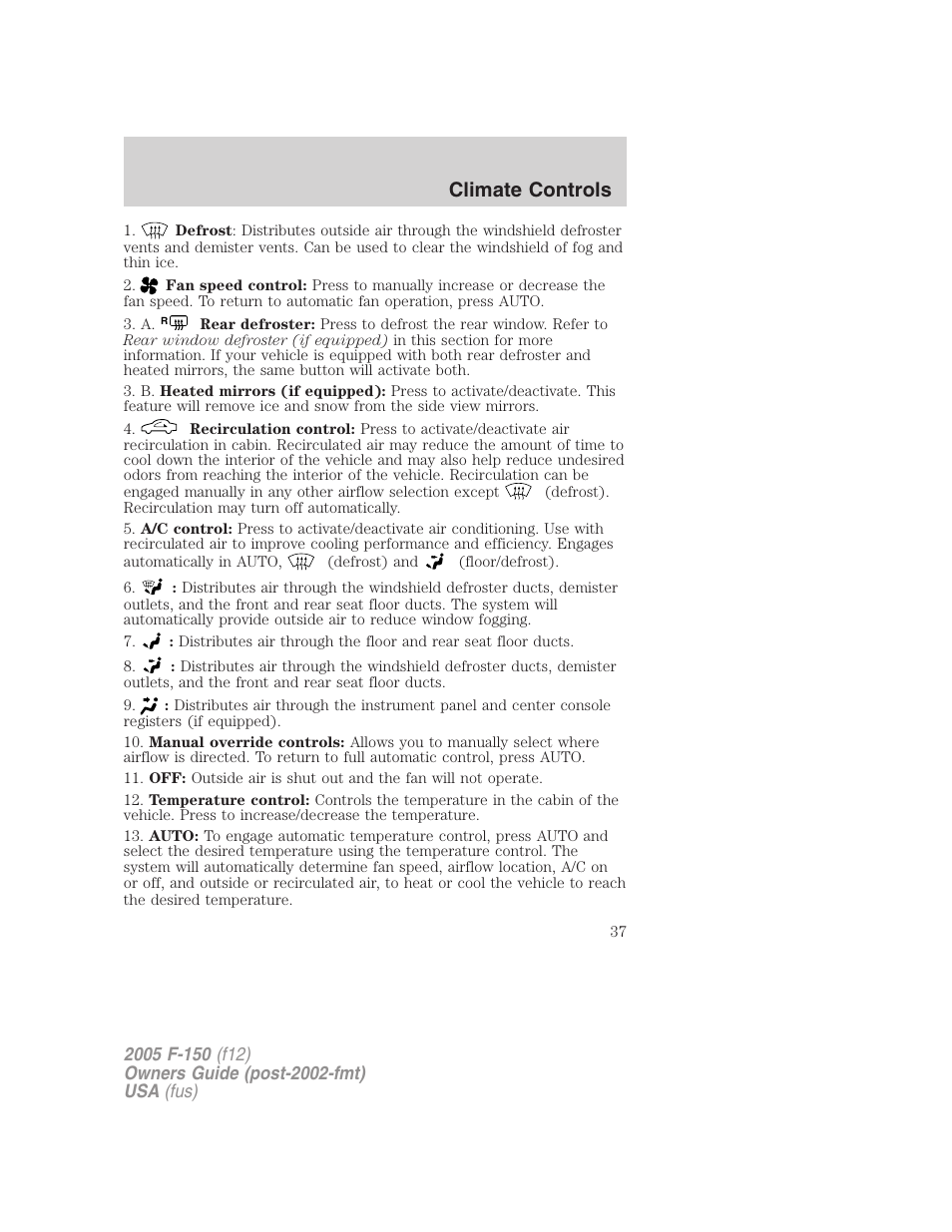 Climate controls | FORD 2005 F-150 User Manual | Page 37 / 312