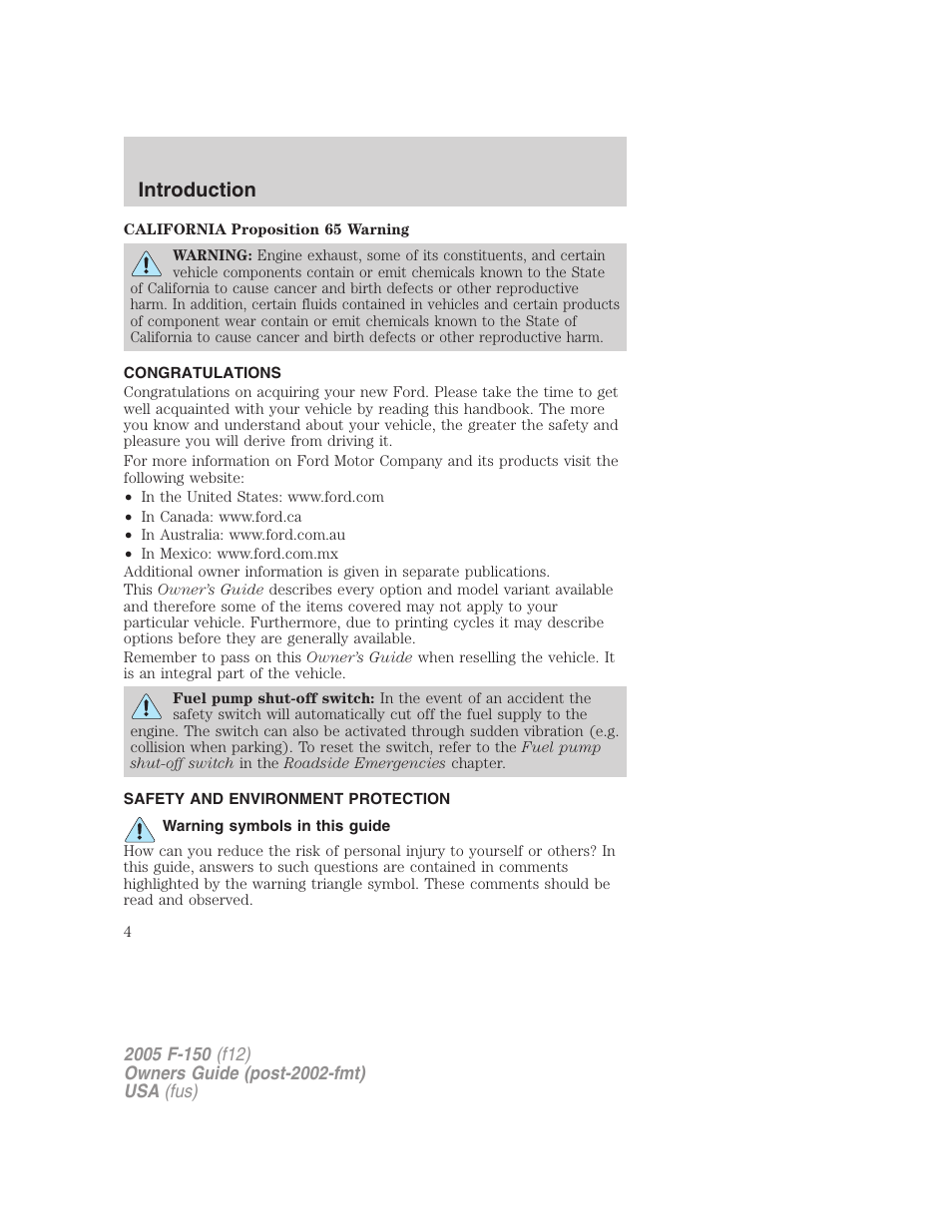 Introduction, Congratulations, Safety and environment protection | Warning symbols in this guide | FORD 2005 F-150 User Manual | Page 4 / 312