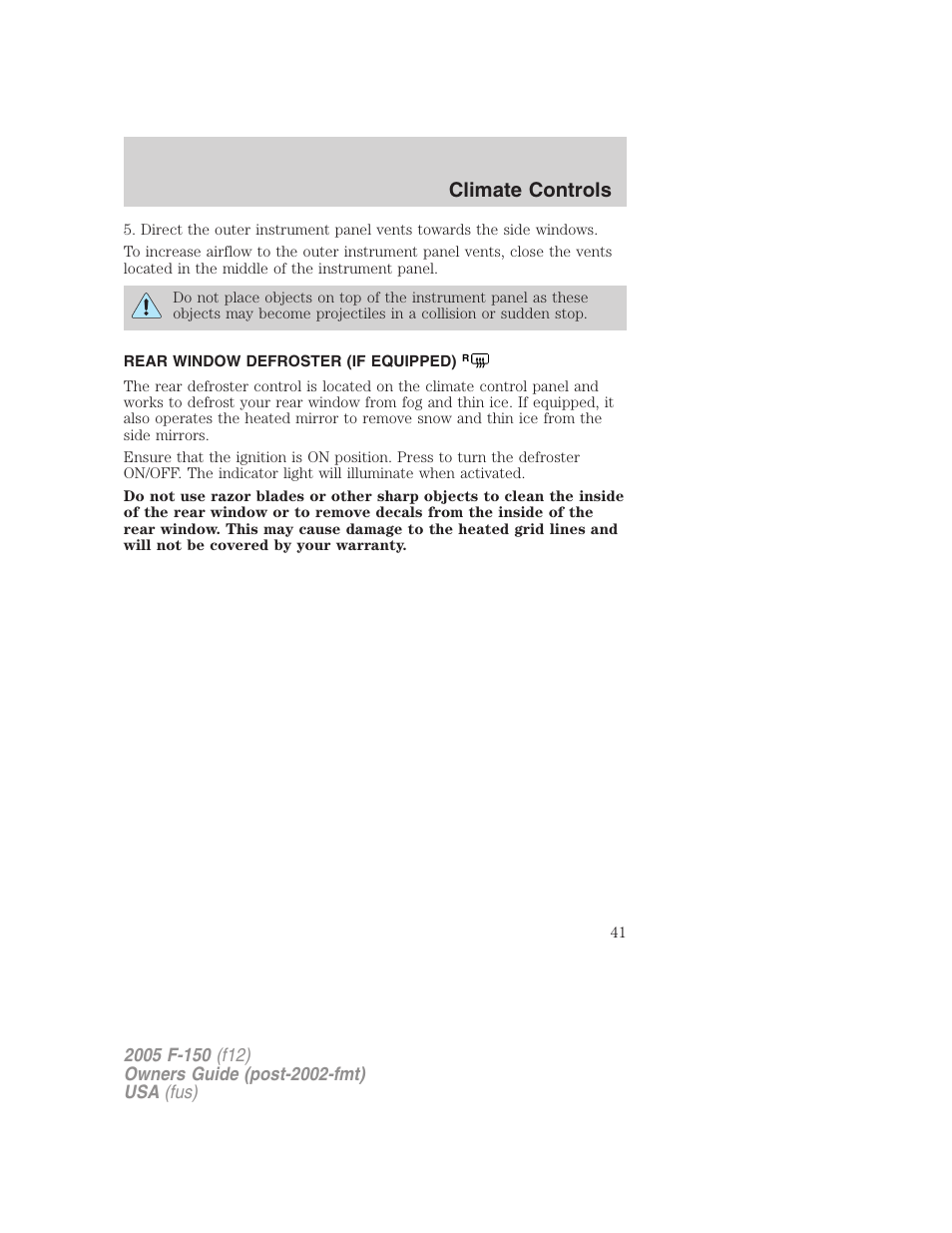 Rear window defroster (if equipped), Rear window defroster, Climate controls | FORD 2005 F-150 User Manual | Page 41 / 312