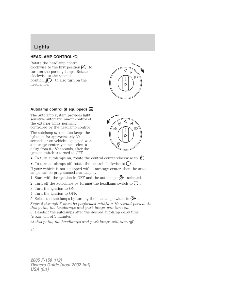 Lights, Headlamp control, Autolamp control (if equipped) | Headlamps | FORD 2005 F-150 User Manual | Page 42 / 312