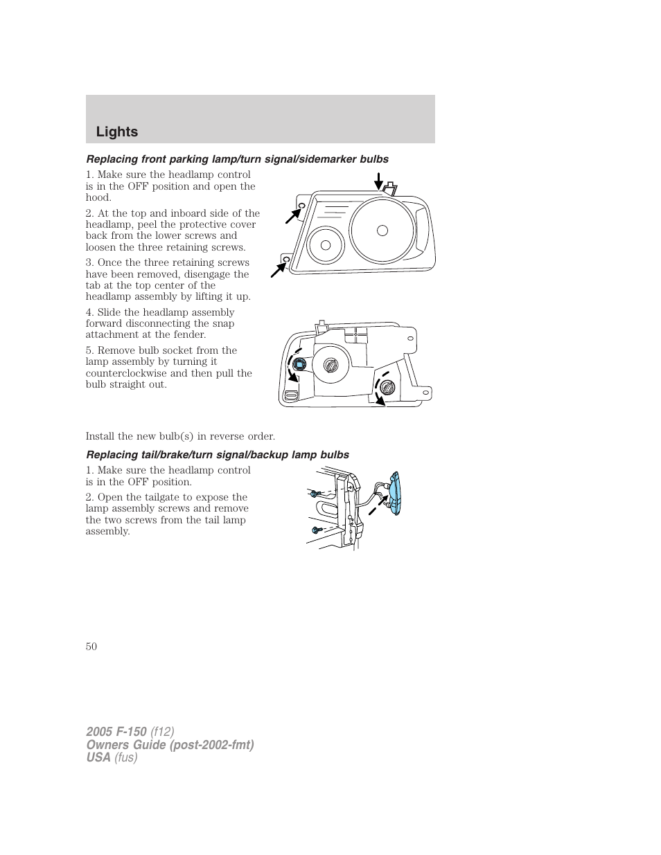 Replacing tail/brake/turn signal/backup lamp bulbs, Lights | FORD 2005 F-150 User Manual | Page 50 / 312