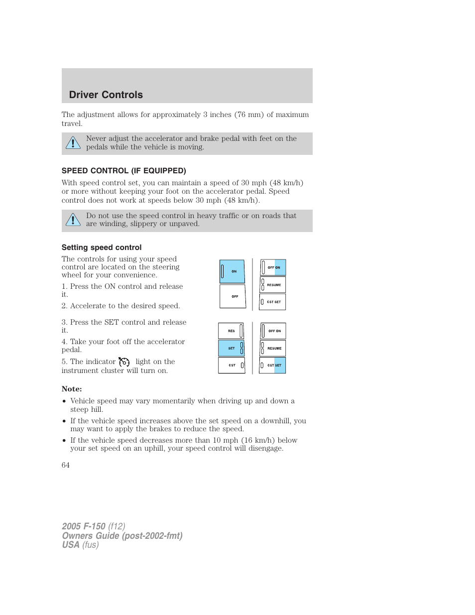 Speed control (if equipped), Setting speed control, Speed control | Driver controls | FORD 2005 F-150 User Manual | Page 64 / 312