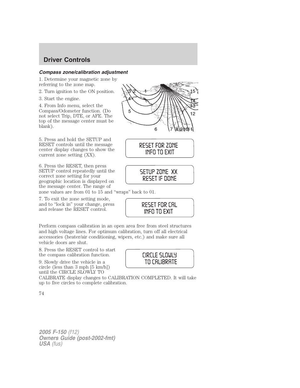 Compass zone/calibration adjustment, Driver controls | FORD 2005 F-150 User Manual | Page 74 / 312