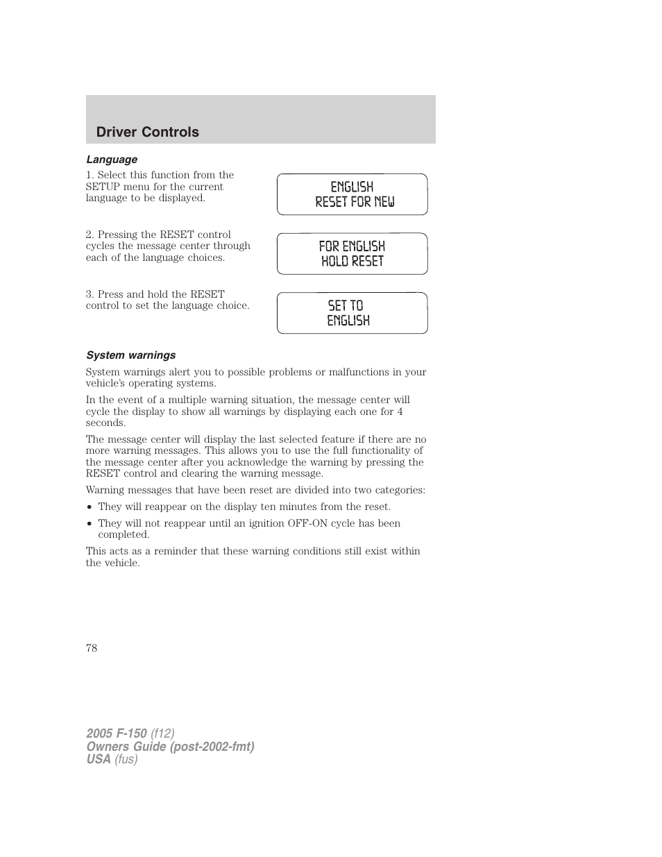 Language, System warnings, Driver controls | FORD 2005 F-150 User Manual | Page 78 / 312
