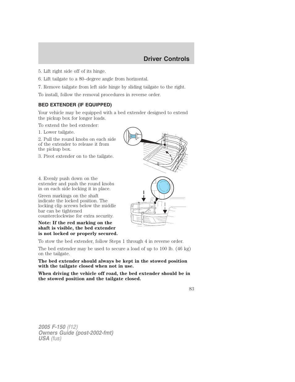 Bed extender (if equipped), Driver controls | FORD 2005 F-150 User Manual | Page 83 / 312