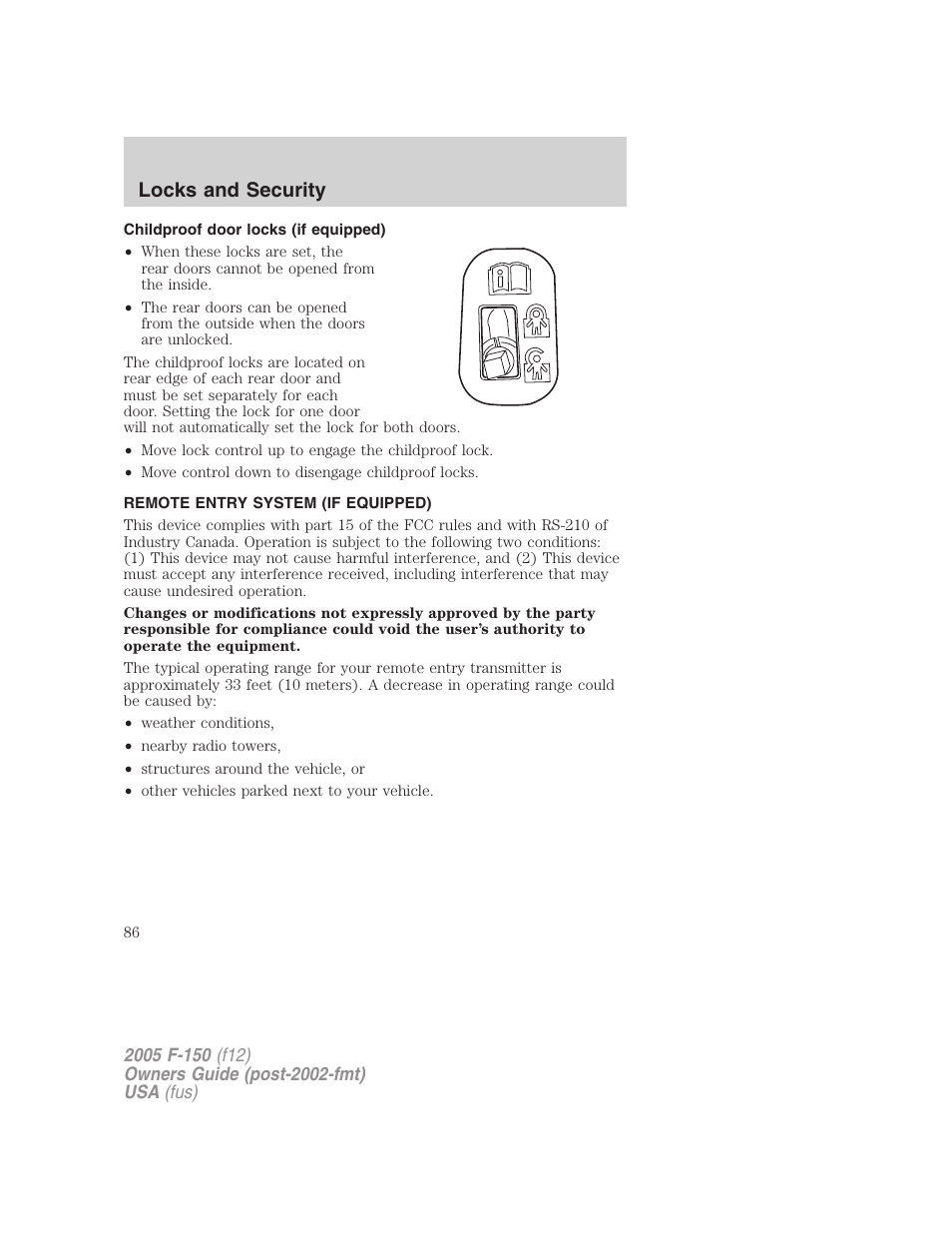 Childproof door locks (if equipped), Remote entry system (if equipped), Locks and security | FORD 2005 F-150 User Manual | Page 86 / 312