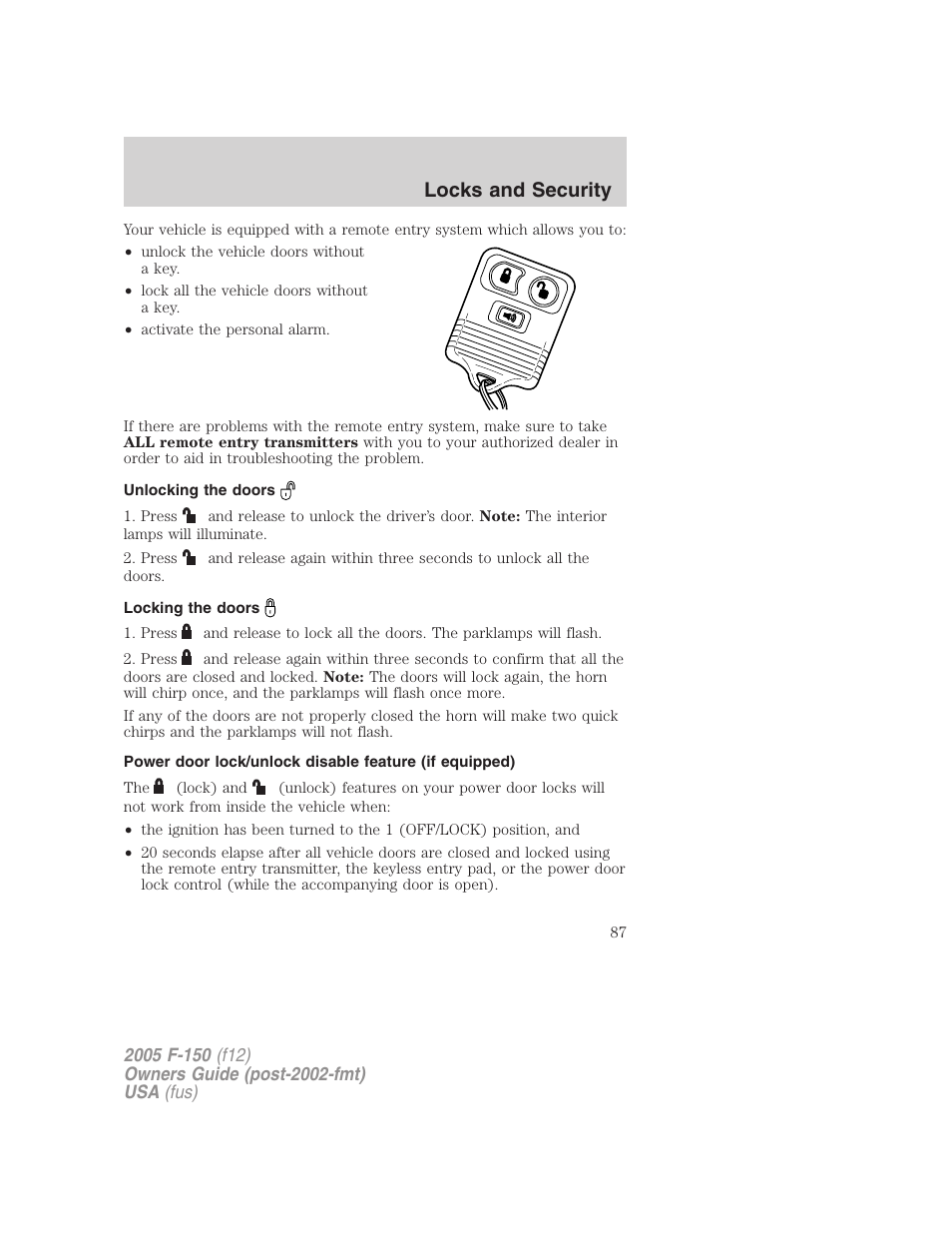 Unlocking the doors, Locking the doors, Locks and security | FORD 2005 F-150 User Manual | Page 87 / 312