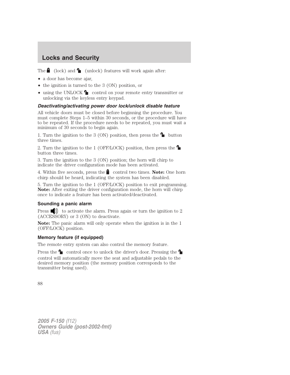 Sounding a panic alarm, Memory feature (if equipped), Locks and security | FORD 2005 F-150 User Manual | Page 88 / 312