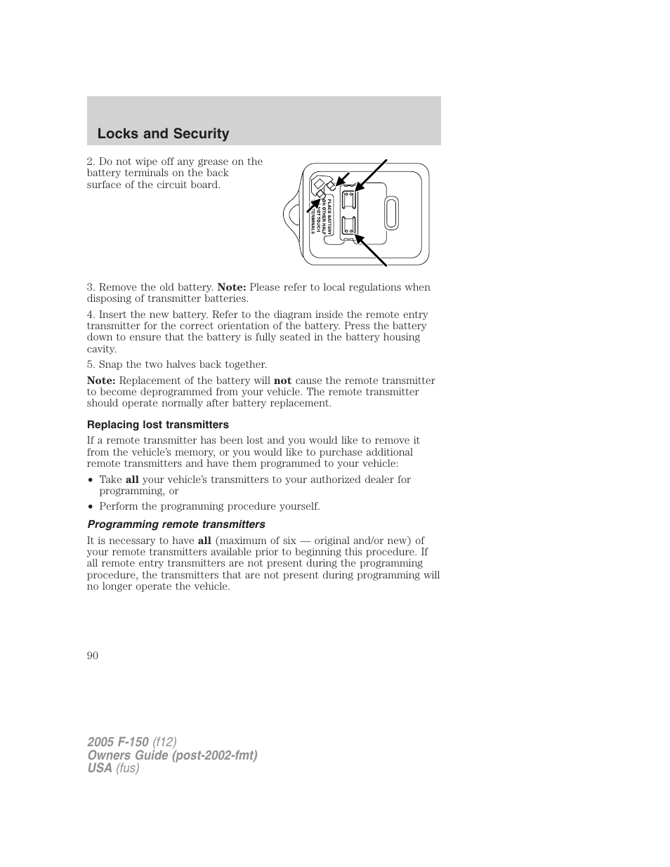 Replacing lost transmitters, Programming remote transmitters, Locks and security | FORD 2005 F-150 User Manual | Page 90 / 312