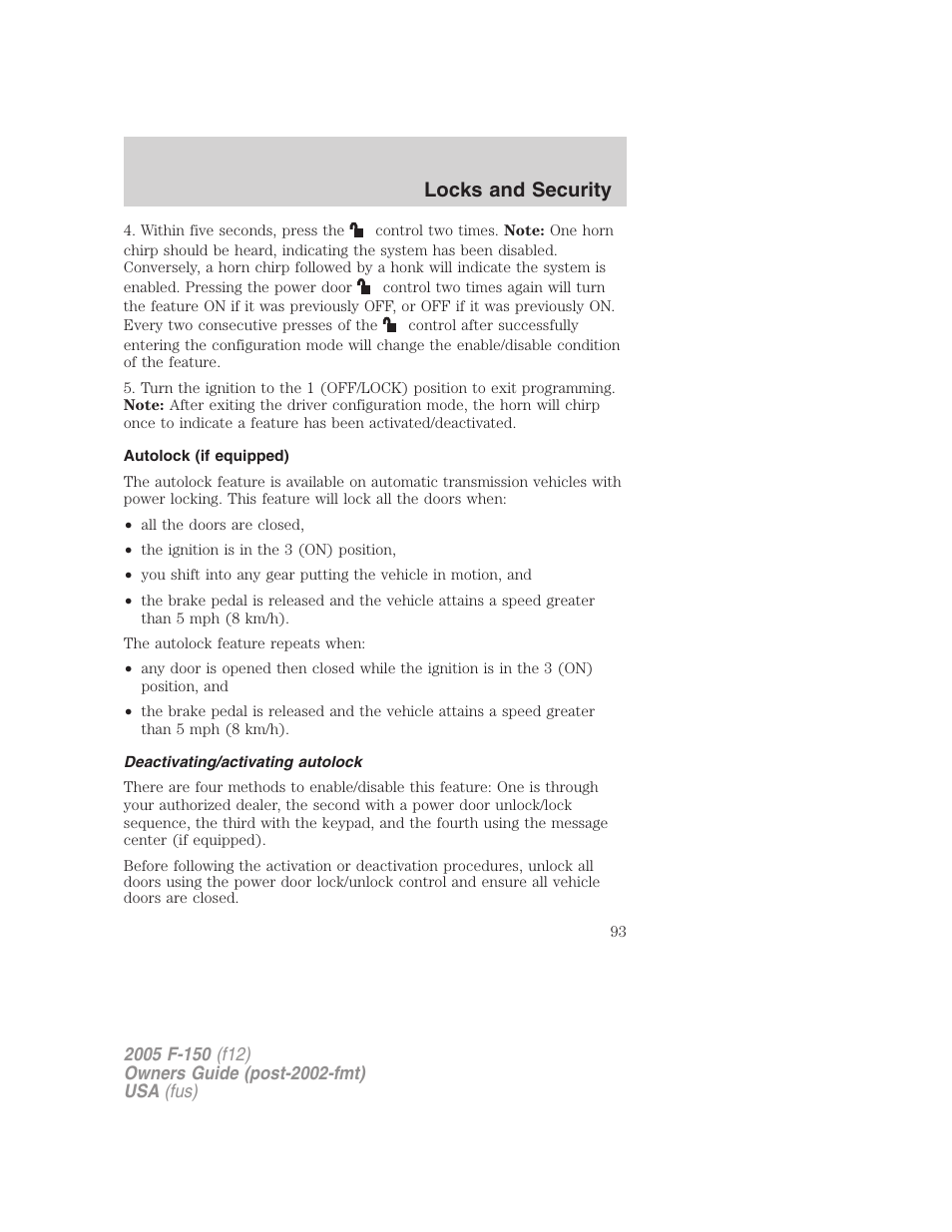 Autolock (if equipped), Deactivating/activating autolock, Locks and security | FORD 2005 F-150 User Manual | Page 93 / 312