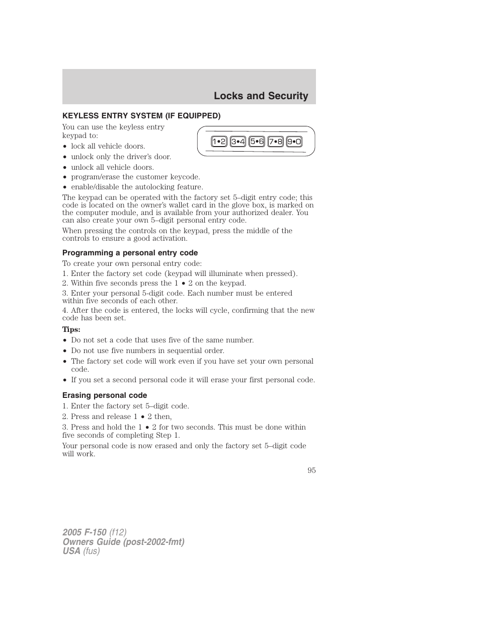 Keyless entry system (if equipped), Programming a personal entry code, Erasing personal code | Locks and security | FORD 2005 F-150 User Manual | Page 95 / 312