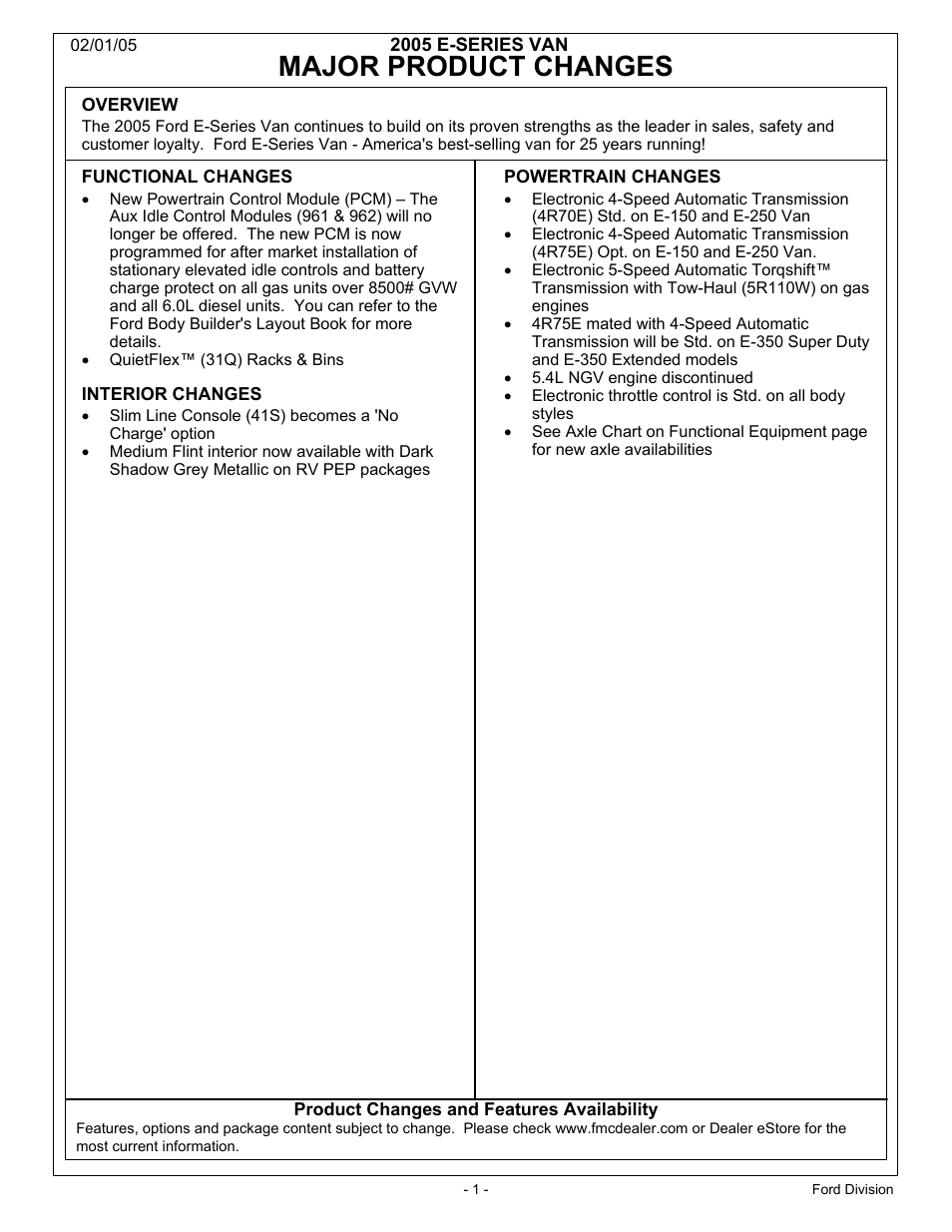 FORD 2005 E-Series User Manual | 12 pages