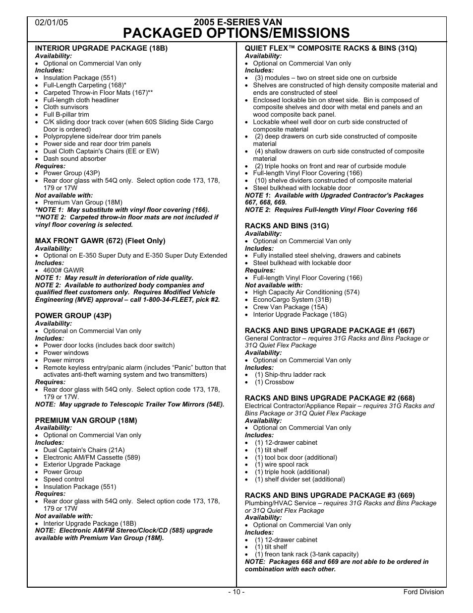 Packaged options/emissions, 2005 e-series van | FORD 2005 E-Series User Manual | Page 10 / 12