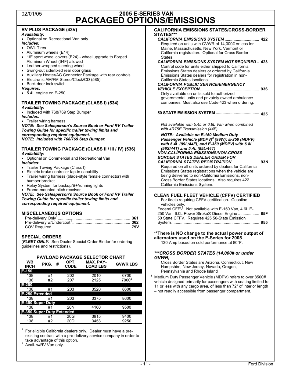 Packaged options/emissions, 2005 e-series van | FORD 2005 E-Series User Manual | Page 11 / 12