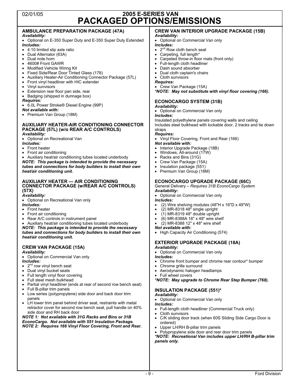 Packaged options/emissions, 2005 e-series van | FORD 2005 E-Series User Manual | Page 9 / 12