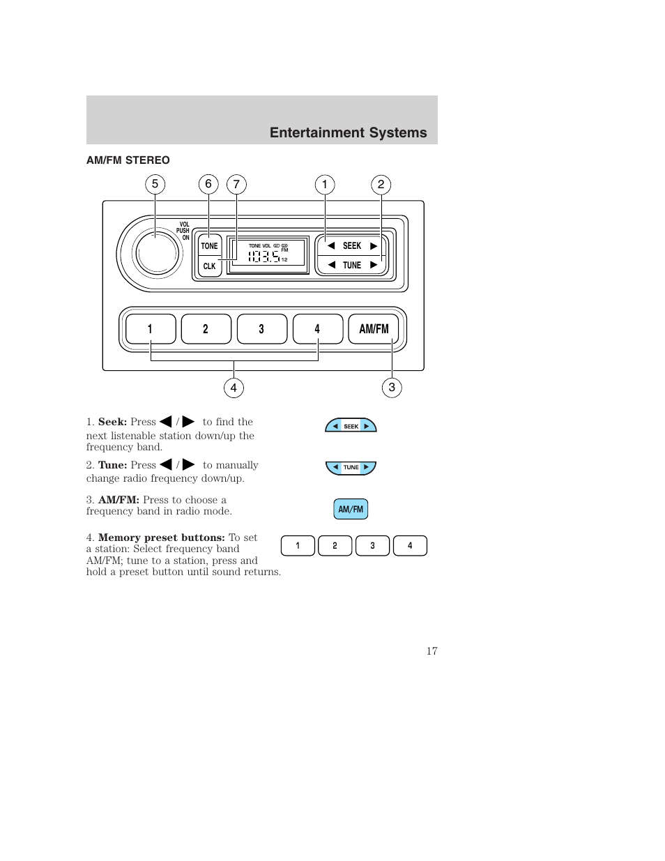 Entertainment systems, 12 3 4 am/fm | FORD 2002 F-250 User Manual | Page 17 / 264